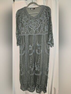 Embroidered Sheer Floral Midi Dress - Gray